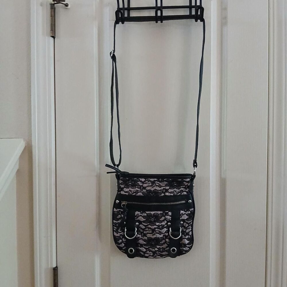 Whimsygoth Y2K Vintage Style Black Lace Crossbody Bag Silver Hardware Romantic